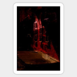 Special processing. Person walking at night, on dark street, with stone walls. Red. Sticker